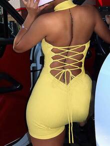 女士露背吊带纯色休闲街头日常连体裤，春夏优雅 - 黃色 - 查看 2