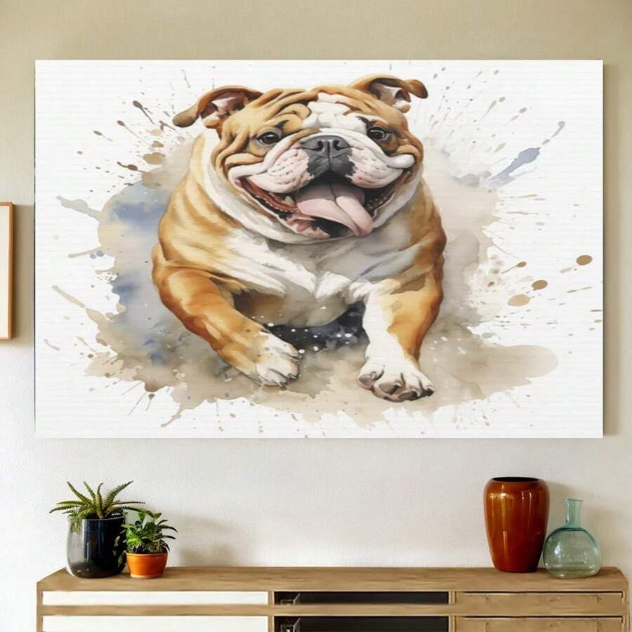 Framed Canvas Charming English Bulldog Watercolor Canvas Print, Playful Pet Wall Art, Bulldog Lover Home Decor, Vivid Canine Portrait, Doglover Mom GiftLiving Room Decor