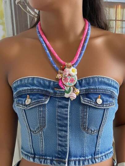 1pc Fashion Summer Dopamine Colorful Cord Metal Flower, Coral, Eggflower Pendant Necklace For Women, Minimalist & Versatile