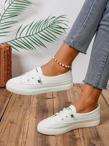 Women's 2025 Spring/Autumn Casual White Sneakers, Fashion Slip-On Flat Comfortable Sport Shoes - Beige - View 4