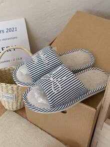 XIXITIAO Damskie, stylowe, pionowe paski z kokardką i wzorem liter, wygodne, oddychające, płaskie buty, lniane kapcie z miękkim dnem i blokami kolorów - Szary - Zobacz 8