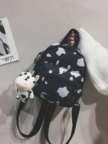 1件迷你日式可愛趣味牛紋帆布後背包，學生書包 - 黑色 - 查看 3