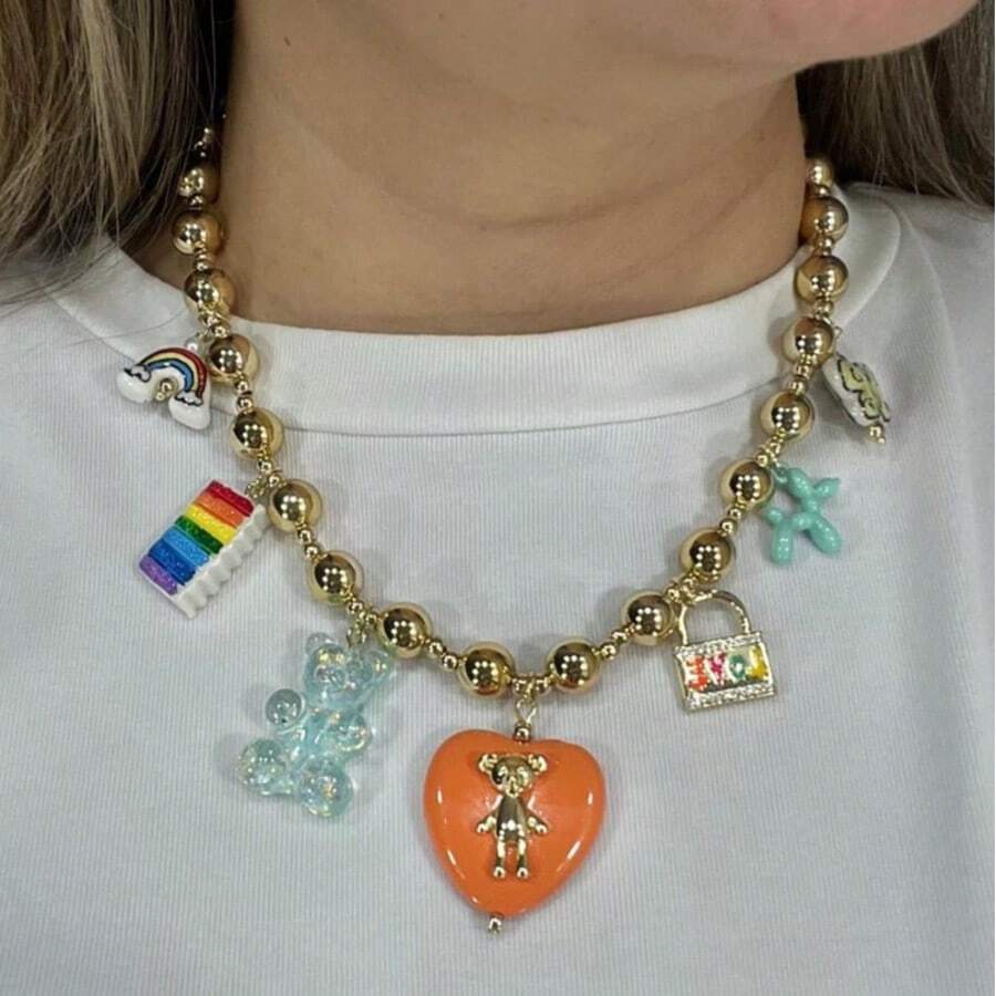 甜美珍珠项链女时尚可爱熊彩虹蝴蝶爱锁狗心形吊坠颈链夏季海滩珠宝