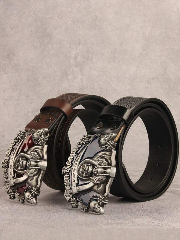 3.7cm Wide Red & Blue Skull Buckle Retro Durable Belt, Suitable For Valentine's Day/Thanksgiving, Gift