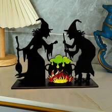 Halloween Wooden Candle Holder Decor, Black House, Witch Silhouette, Seasonal Tabletop Decoration, Halloween Themed Decor Home Decor Halloween Decor Room Decor