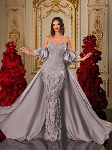 Olive Green 3D Petal Beaded Strapless Satin Mermaid Style Luxurious Palace Style Evening Gown For Wedding Party - Purple - View 7