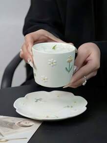 1pc/4pcs Daisy Ceramic Dish, Minimalist Ceramic Dessert Plate For Home Breakfast, Snacks, Small Appetizer Plate, Can Be Matched With Cups,School Supplies