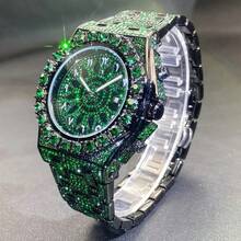 1pc New Men's Hip-Hop Watch Date Party Dial Large Diamond Green Ice Diamond Clock Fashionable Quartz Watch Luxurious Men's Luminous Hand Clock - one-size - View 11