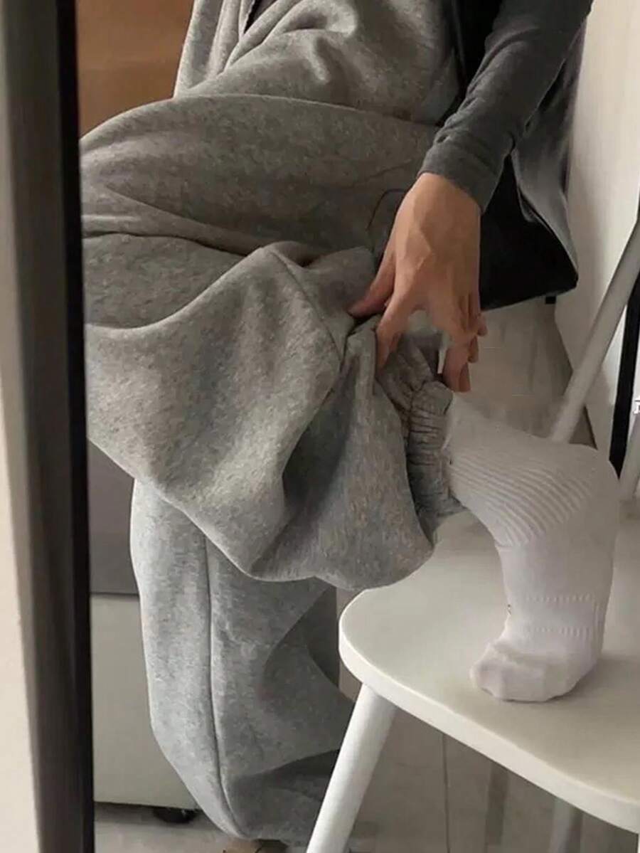 青少年女孩灰色阔腿运动裤，休闲宽松慢跑裤，适合 13-16 岁青少年 - 深灰色 - 查看 1