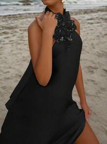 Vestido de satén negro sexy con cuello halter, vestido maxi de satén con bordado floral y espalda descubierta adecuado para vacaciones de verano en la playa, vestido elegante y glamuroso para graduación, regreso a la escuela, vestido de noche para la temporada de bodas, San Valentín, vacaciones en la playa, #VibesDePlayaMarítima #MiradasDeParty #VestidoDeGalán #SexyVestidosNegros