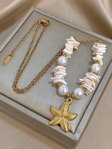 夏季波西米亚风 18K 镀金不锈钢海洋时尚项链，配天然石吊坠，适合女士、妈妈礼物、旅行海滩珠宝、狂欢/舞会/派对/日常配饰、返校礼物、生日礼物、伴娘礼物、骄傲配饰、美人鱼 - 彩色 - 查看 5