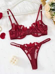 EverydayBra 女士舒适柔软刺绣性感内衣套装，钢圈设计，心形图案，两件套，可调节肩带，文胸和内裤，适合全年日常穿着，圣诞礼物 - 酒紅色 - 查看 7