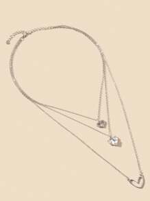 Wis 3 Pieces/ Set Heart Design Shiny Zirconia Inlaid Pendant Necklace Elegant Simple Style Zinc Alloy Jewelry Valentine's Day Gift - Silver - View 4