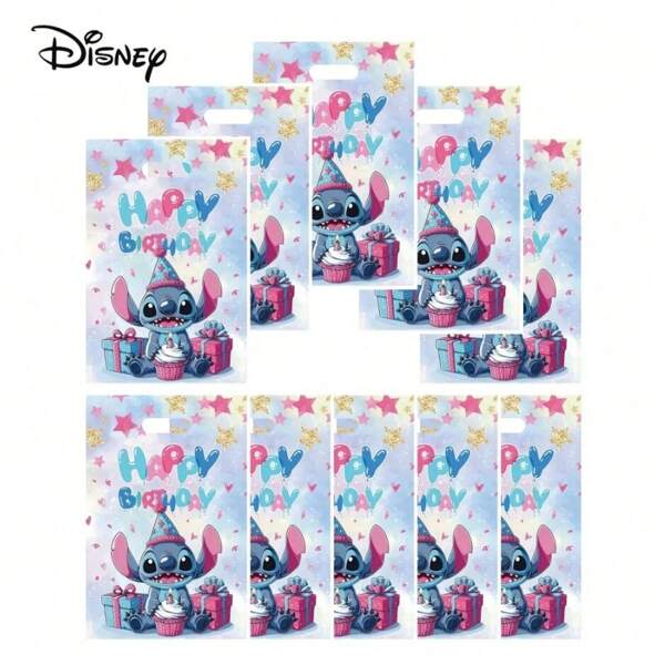 Disney 10/30/60pcs Disney Stitch & Angel Party Favor Bags With Handles - Pink And Purple Floral Pattern, Durable Plastic Gift Bags For Birthday, Theme Parties, Family Gatherings, Travel Accessories, Cute Cartoon Character Design | Easy-To-Carry Handles