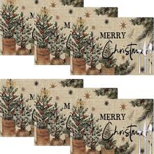1 pieza/4 piezas/6 piezas Manteles individuales de lino con estampado de copos de nieve y árboles de Navidad, decoración navideña, adecuados para mesa de comedor, todo el año, manteles de mesa modernos y lavables, decoración del hogar, manteles individuales, posavasos, alfombrillas de cocina y comedor, decoraciones de fiesta interior y exterior, regalo ideal