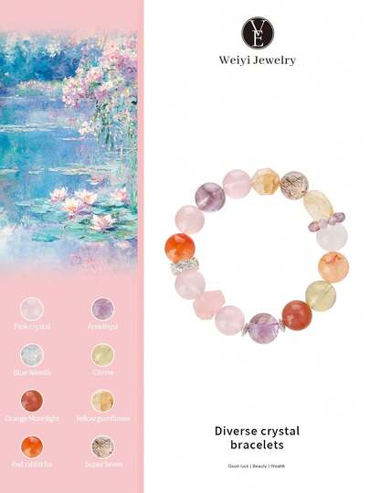 VE 1 pieza Pulsera de plata de ley S925 de alta calidad con cristal multicolor natural de dopamina, con amatista, citrino y pelo de conejo rojo, adecuada para uno mismo, mejor amiga, novia, amiga, mamá, unisex. Color de la joyería surtido al azar.