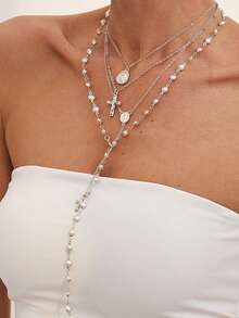 4pcs/Set Bohemian Crystal Tassel Necklace, Long Pendant Necklace, Vacation Style Jewelry, Suitable For Parties, Gifts, And Daily Wear - Silver - View 2