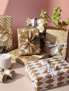 7pcs Gift Wrapping Paper Set, Brown Kraft Paper, Suitable For Birthday, Graduation And Various Occasions, Unisex - Multicolor - View 2