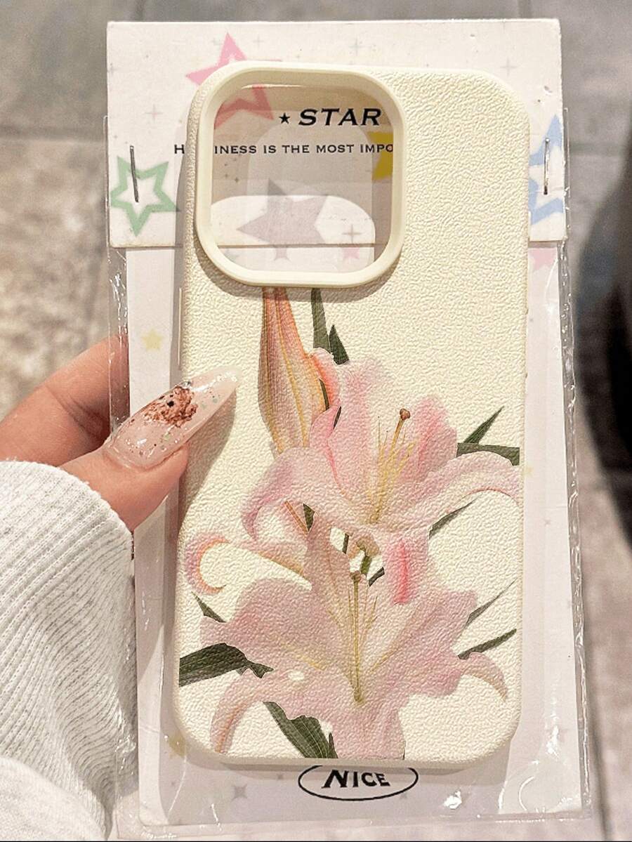 1 pieza Funda de teléfono suave con textura de lichi, antideslizante y a prueba de caídas, con ilustración de flor de lirio rosa linda, compatible con Apple, teléfonos - Multicolor - Ver 1