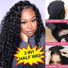 Half Wig Human Hair 200 Density Kinky Curly Half Wig 3 In 1 Seamless Flip Over Glueless Wigs Human Hair With Drawstring Beginner Friendly Curly Wig Headband Wig For Women Daily Wear