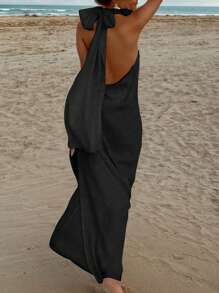 Vestido de satén negro sexy con cuello halter, vestido maxi de satén con bordado floral y espalda descubierta adecuado para vacaciones de verano en la playa, vestido elegante y glamuroso para graduación, regreso a la escuela, vestido de noche para la temporada de bodas, San Valentín, vacaciones en la playa, #VibesDePlayaMarítima #MiradasDeParty #VestidoDeGalán #SexyVestidosNegros