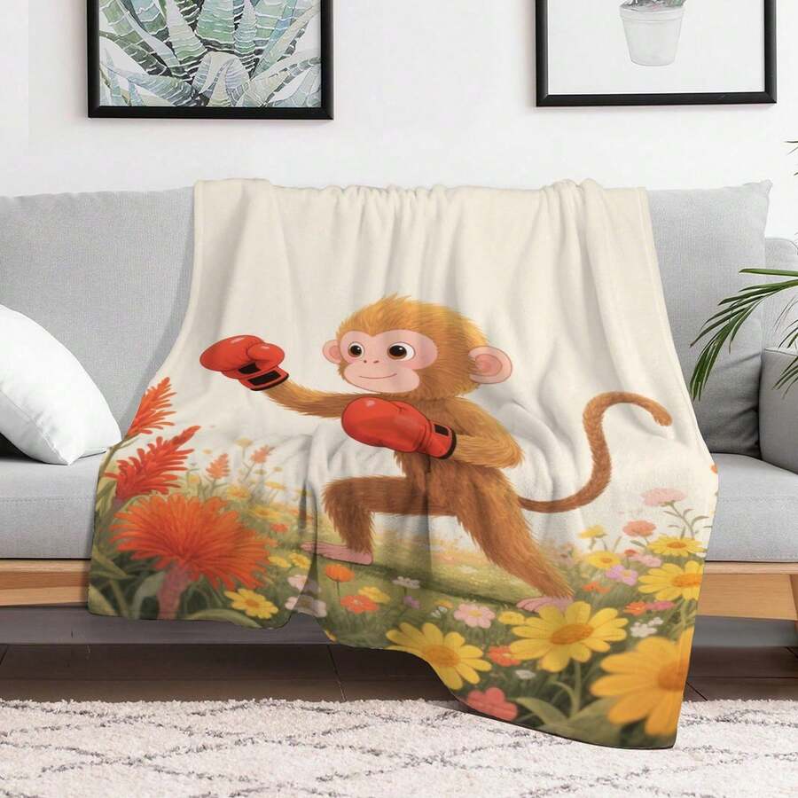 1pc Cartoon Monkey Pattern Printed Flannel Blanket, Simple Style Warm Plush Blanket For Home Decoration, Car, Outdoor, Gift, Multi-Functional All-Season Blanket - Style1 - View 1