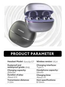 HYUNDAI 现代 EarclipC7 时尚蓝牙耳机，带蝴蝶结耳机配件，夹式耳机，适合运动、音乐、游戏，低延迟，电池寿命长，高清通话带麦克风，IP45 防水，佩戴舒适，无穿孔耳环，时尚配饰，送给女性的礼物