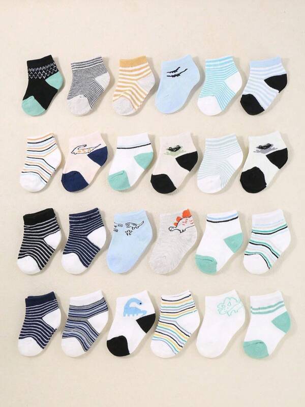 10/12 Pairs Baby Infant Stripe Dinosaur Short Socks, Newborn Socks For Boys Girls, Baby Essentials Holiday Birthday Gifts, Random Colors