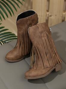 儿童蒙古靴 26 - 36 欧元 | 流苏细节，中筒款式，流苏蒙古靴 | 儿童时尚中筒设计，复古流苏中筒时尚靴 - 駝色 - 查看 2