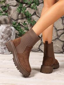 2025秋冬新款女式踝靴，一扣弹力踝靴，平底女鞋，户外女靴，时尚百搭休闲女靴，大学生女鞋，厚底女式踝靴 - 卡其色 - 查看 5