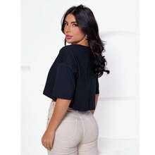 Women's Basic Cropped T-Shirt In Plain Cotton Knit - 黑色 - 查看 4