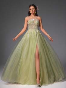 VIPGIRL Mint Green Sequin Sheer Asymmetric Formal Evening Gown, High Slit Design, Shiny Formal Maxi A-Line Prom Dress, Suitable For Women, Formal Occasions, Bridesmaids, Pageants, Wedding Guests - Lime Green - View 9