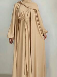 Set de 2 piezas de bata y vestido de manga larga de unicolor con estilo kimono para mujer, estilo árabe (sin pañuelo para la cabeza) - Albaricoque - Ver 3