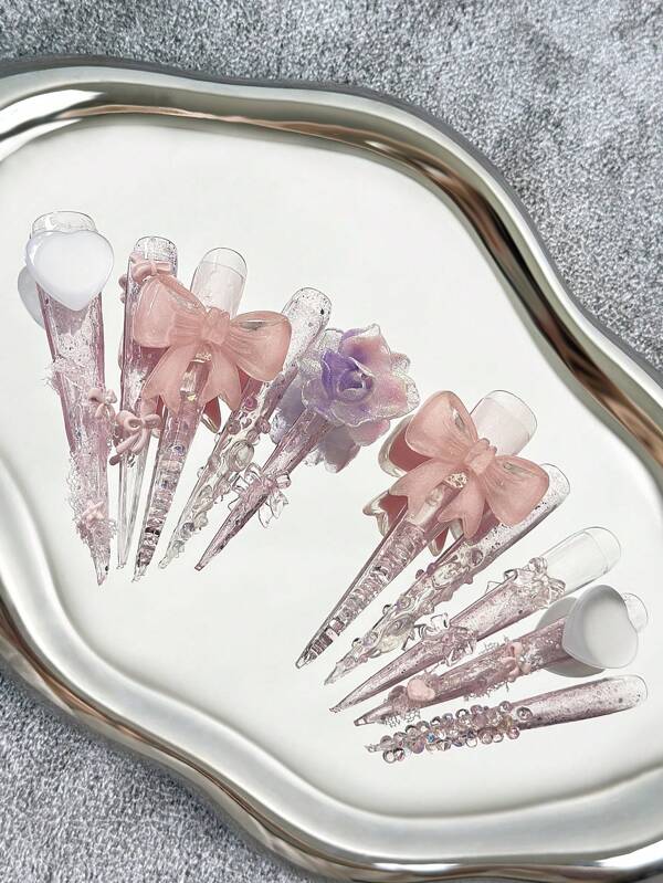 78MM Extra-Long Stiletto Nails Handmade French Press-On Nails With Heart, Bow & Floral Charms, Glitter Hand-Drawn Artistic Patterns & 3D Color-Contrast Designs - Full Cover Artificial DIY Glossy False Nails For Dating, Parties, Social Events, Traveling & Special Occasions - 10 Pieces/Bag