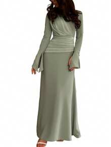 1pc Elegant Sage Green Dress, Muslim-Friendly, Long Sleeve Design, Suitable For Women, Perfect For Special Occasions - Pea Green - View 6