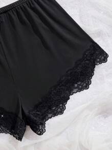 两件套花朵蕾丝睡衣套装，V领纯色舒适针织面料，蝴蝶结上衣，短裤，女士睡衣家居服 - 黑色 - 查看 6