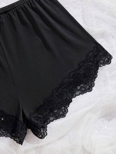 Set Of Flower Kanten Pyjama Suit Neck Com Tafel Knitted Pit Strip Fabric Bow Top Shorts Home Wear Sleepwear view 5