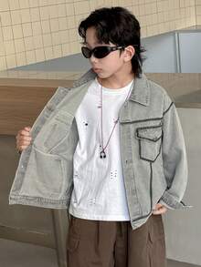 Boys' Loose Fit Denim Jacket, Suitable For Casual, School, Outdoor Wear, Autumn - Grey - View 7
