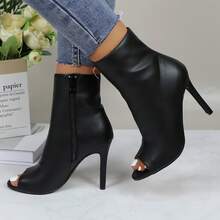 Womens Peep Toe Stiletto Booties Side Zipper High Heel Open Toe Ankle Boots CHARLIE-212 - 黑色 - 查看 3