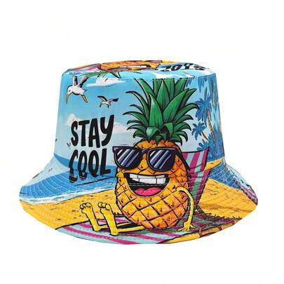 1pc Vacation Style Cool Pineapple Print Reversible Bucket Hat, Unisex Outdoor Casual Lightweight Bucket Hat