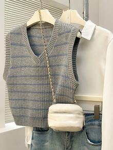 Alicedudu Women's Autumn/Winter Minimalist Striped V-Neck Pullover Vest - Grey - View 1