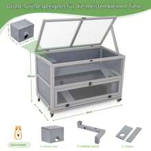 Jaula túnel de madera para hámster (90 x 50 x 60 cm), jaula para ratas con ventana acrílica y rejilla metálica, jaula para degú con ruedas y tapa abatible, terrario para animales pequeños en gris.