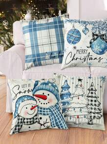 4 pièces Taie d'oreiller en lin de Noël, Housse de coussin Joyeux Noël avec sapin de Noël, bonhomme de neige, boule de Noël et motif à carreaux, Housse de coussin 45*45cm (Hors rembourrage), Décorations de Noël, Décoration de fête de Noël