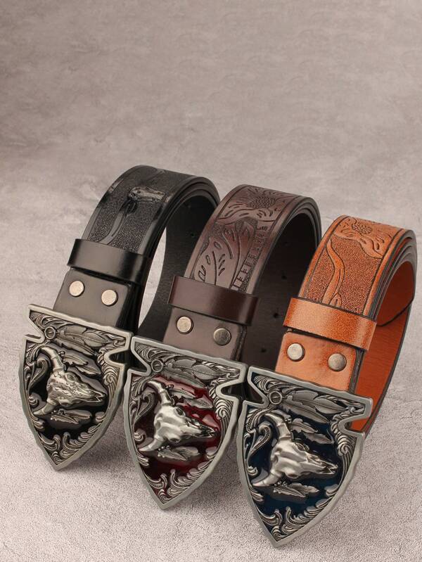 3.7CM Bull Head Buckle Black, Red, Blue Leather Belt, Vintage & Versatile For Men & Women
