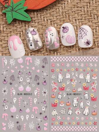 2pcs Cute Cartoon Halloween Manicure Relief Stickers - Ghost, Phantom, Bat, Small Flower Design, Self-Adhesive Manicure Decals For Women, 5D Relief Finishes, Cute, Funny And Delicate Themes, Easy To Apply Nail Decoration, DIY, Holiday Gifts, Party Styles