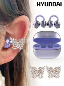 HYUNDAI HYUNDAI EarclipC7 modische Bluetooth-Ohrhörer mit rosafarbenen Schmetterling-Ohrhörer-Accessoires, Clip-On-Ohrhörer für Sport, Musik, Gaming, geringe Latenz, lange Akkulaufzeit, HD-Anrufe mit Mikrofon, IP45 wasserdicht, bequemes Tragen, keine Ohrringe zum Durchstechen, modisches Accessoire, Geschenk für Frauen