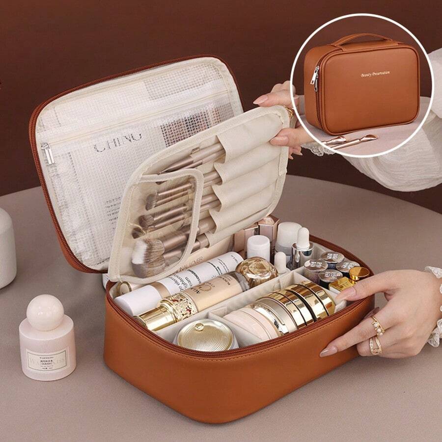 Large Triple Compartment Travel Cosmetic Bag, Makeup Case, Travel Accessories, Brushes, Conditioner And Skin Care Product Organizer - 棕色 - 查看 1