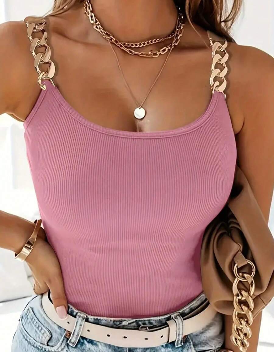 RIBBED CHAIN STRAP TOP FASHION - Màu hồng gỉ - Xem 1