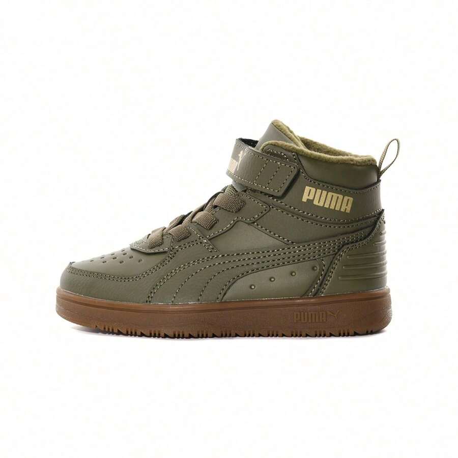 Puma Rebound 秋冬款兒童魔鬼氈中筒滑板鞋,兒童運動休閒中筒運動鞋 38824402 - 褐橄欖色-褐橄欖色-金色 - 查看 1