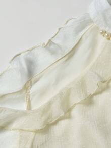 夏季新款仿珍珠项链露肩优雅光泽雪纺衬衫收腰半身裙套装，高端上衣 - 杏色 - 查看 7